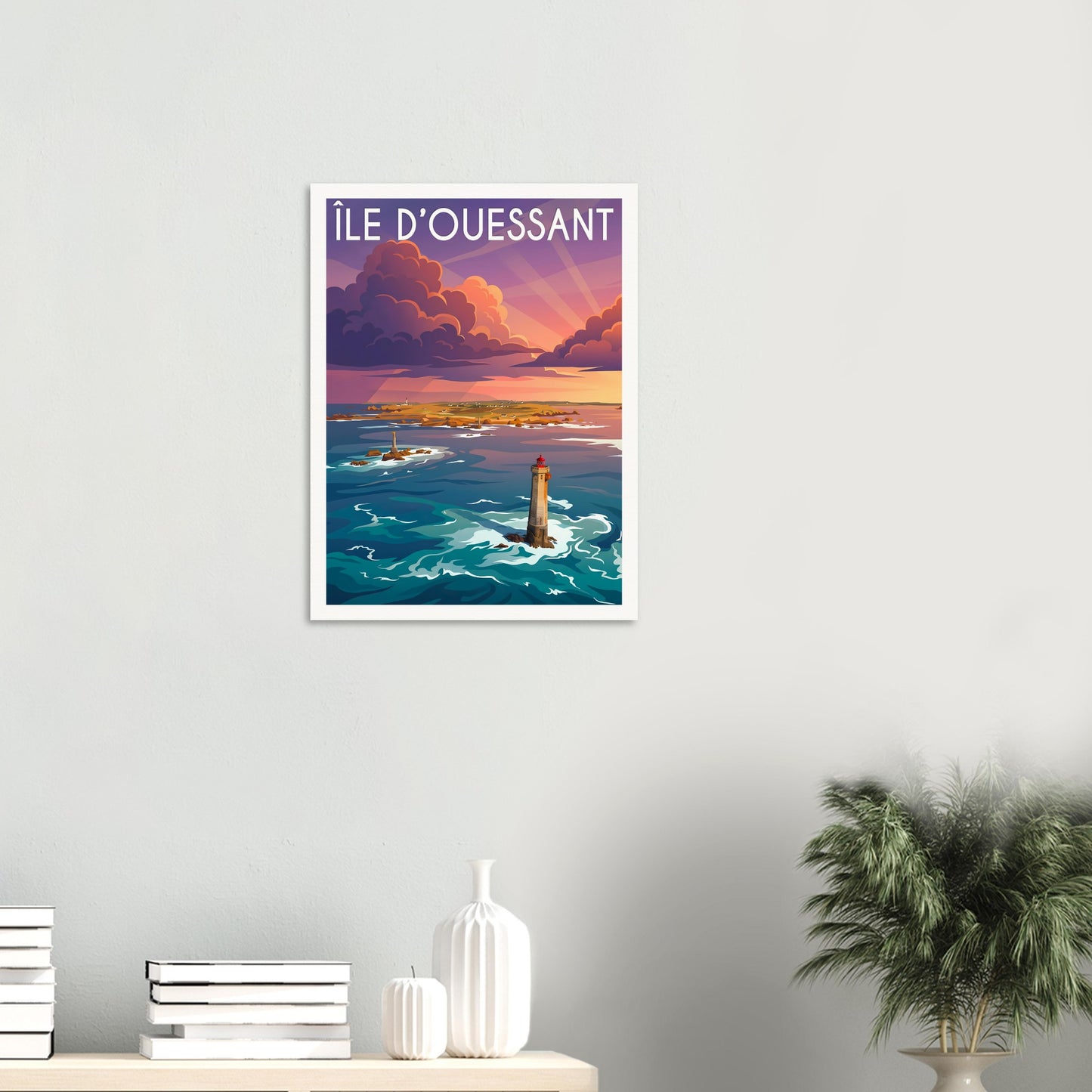 Affiche illustrée Île d'Ouessant, poster rétro, impression beaux-arts 250g