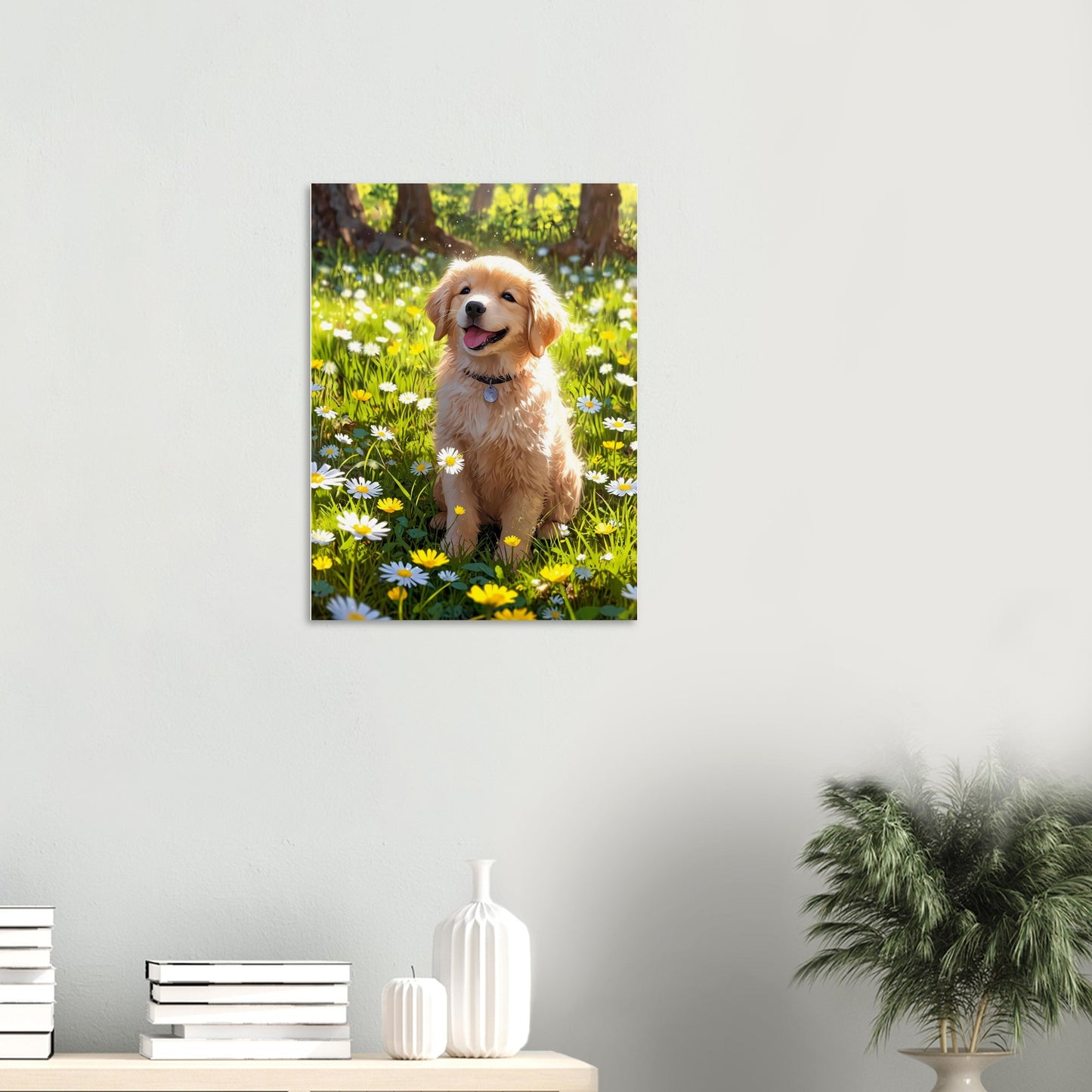 Affiche illustrée Golden retriever chiot — poster rétro, impression beaux-arts 250g