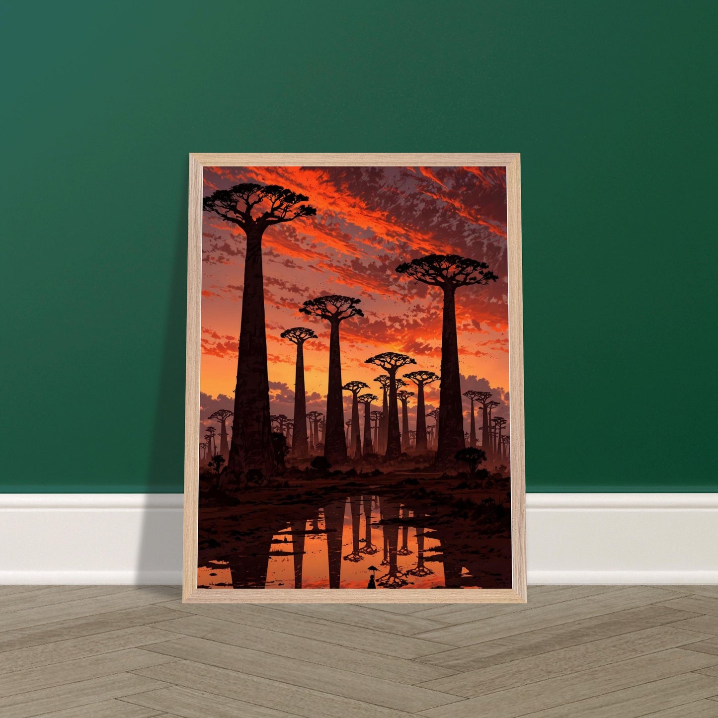 Affiche Baobabs au coucher du soleil Encadrée, cadre bois 45x60 cm
