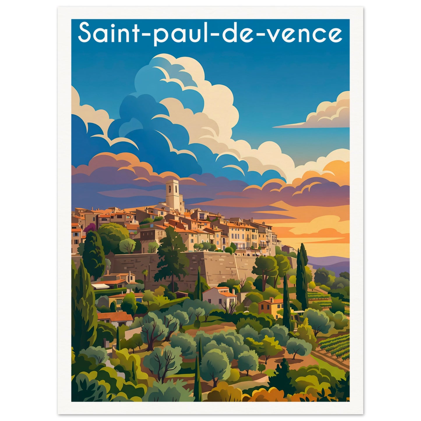 Affiche illustrée Saint Paul de Vence — poster rétro, impression beaux-arts 250g
