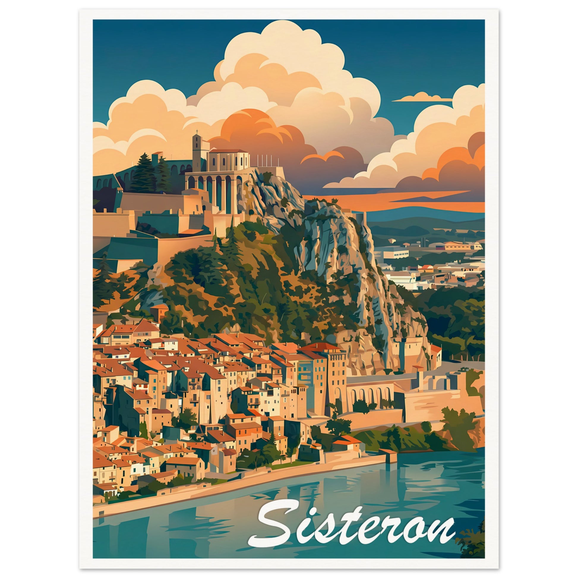 Affiche illustrée Sisteron — poster rétro, impression beaux-arts 250g