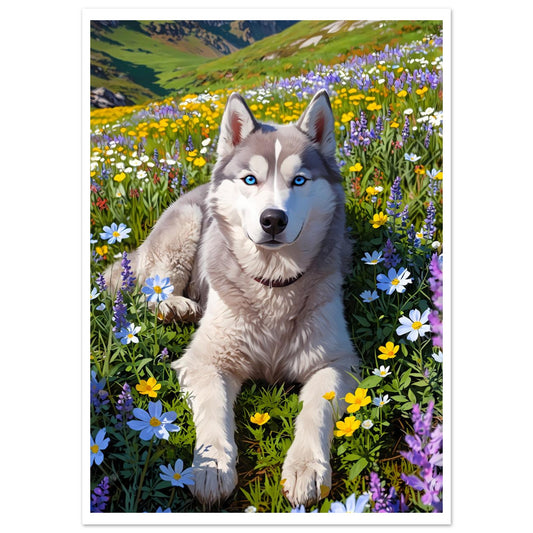 Husky sibérien, Champ de fleurs sauvages alpines, Ciel d'altitude – affiche d'art décoratif, poster mural | Muchimura