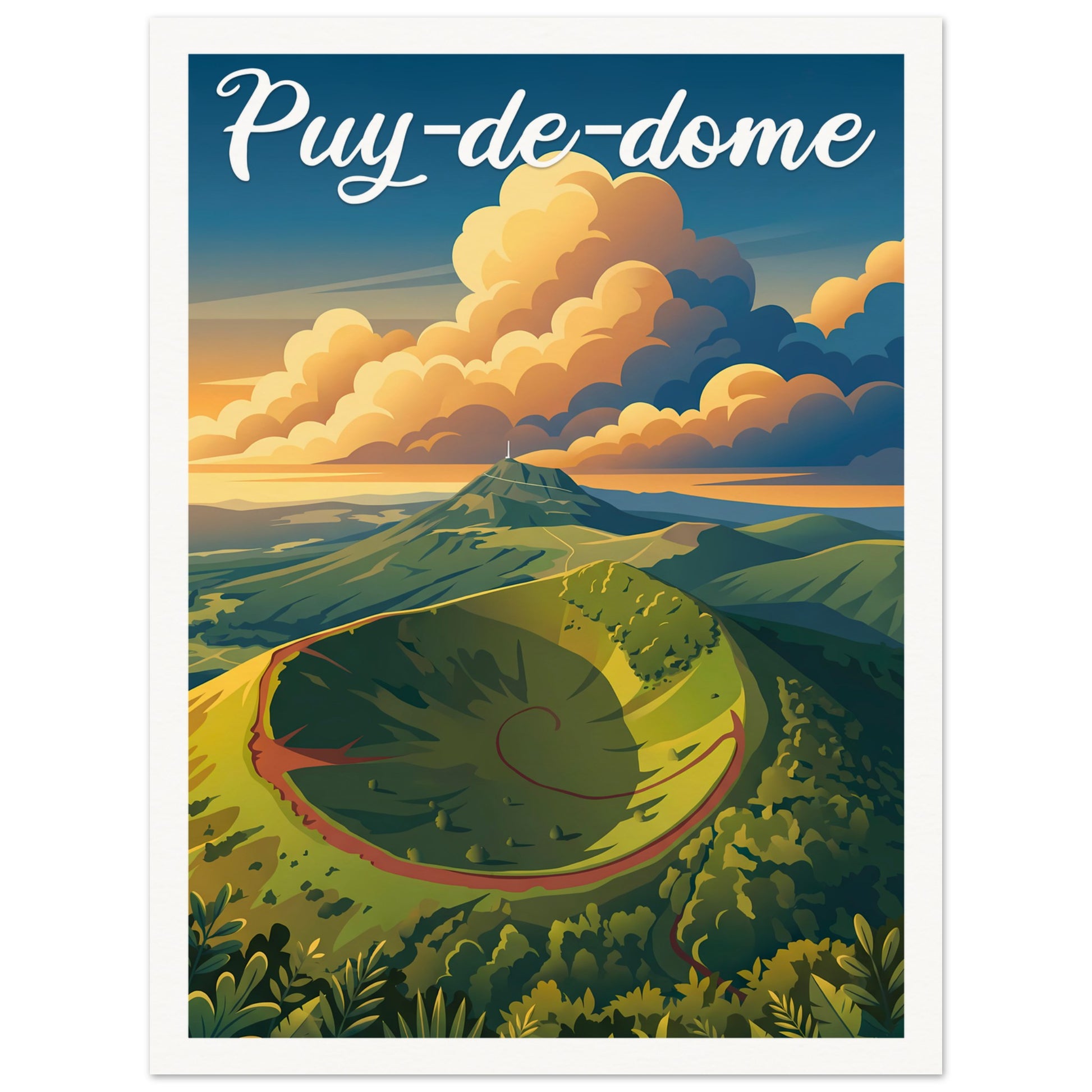 Affiche illustrée Puy-de-Dôme, poster rétro, impression beaux-arts 250g