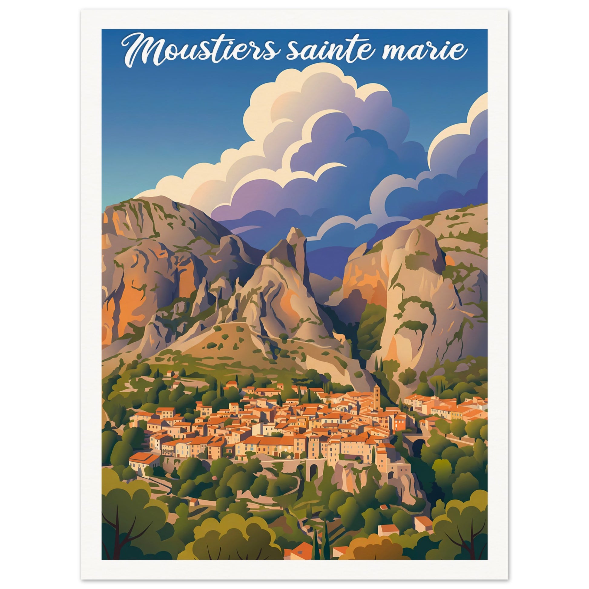 Affiche illustrée Moustiers-Sainte-Marie, poster rétro, impression beaux-arts 250g