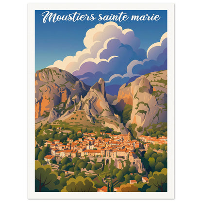 Affiche illustrée Moustiers-Sainte-Marie — poster rétro, impression beaux-arts 250g