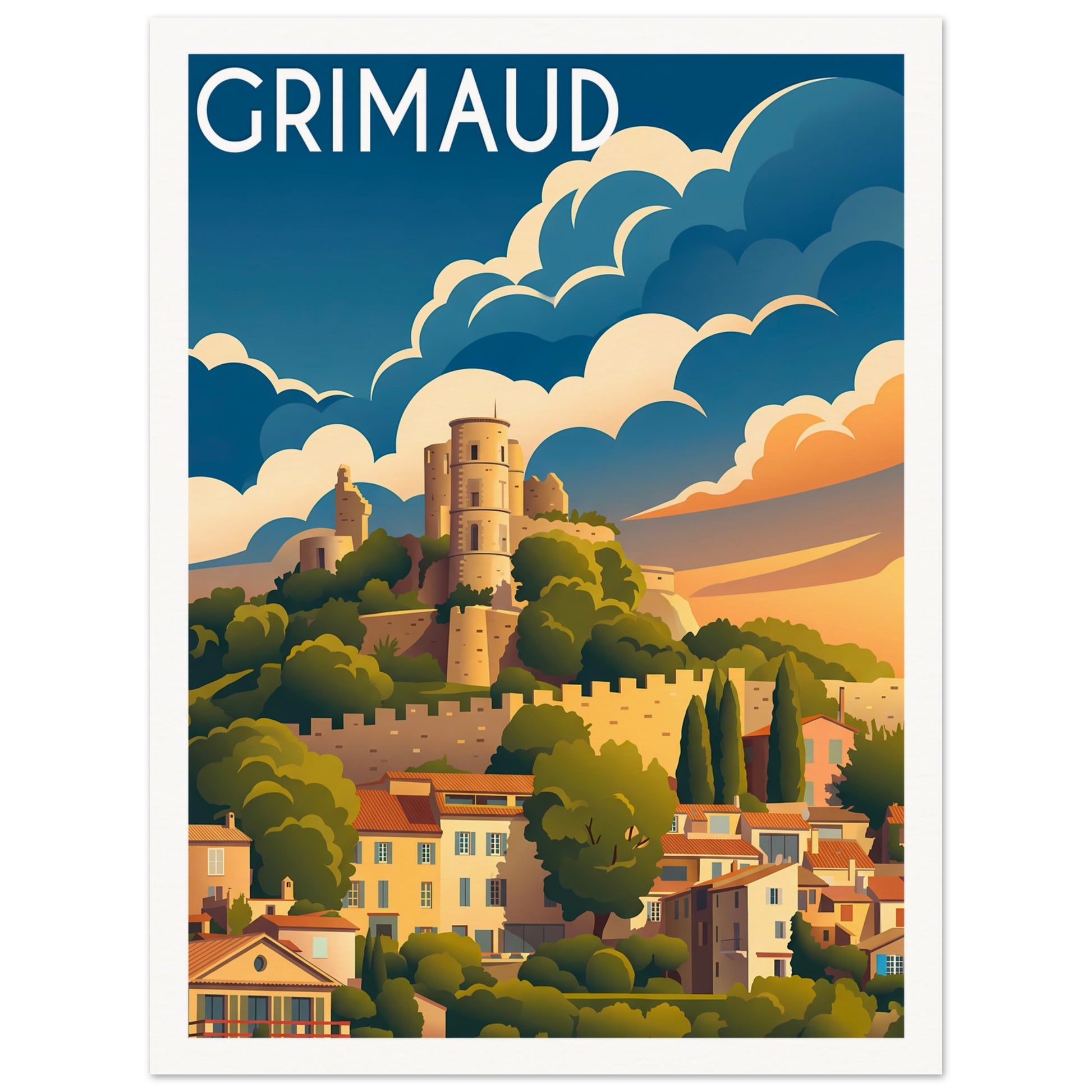 Affiche illustrée grimaud, poster rétro, impression beaux-arts 250g