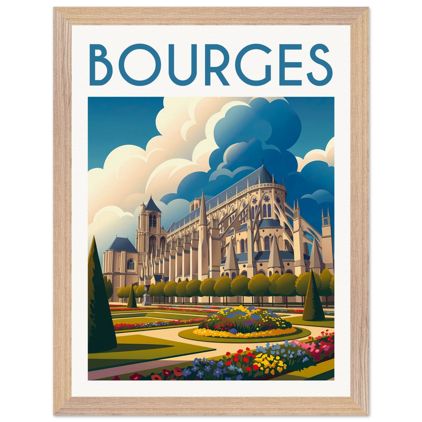 Tableau encadré Bourges 30x40 cm — cadre bois naturel — illustration rétro