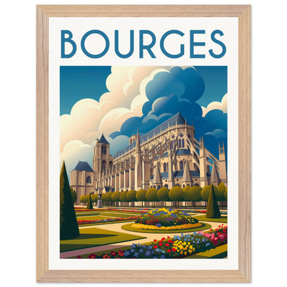 Tableau encadré Bourges 30x40 cm — cadre bois naturel — illustration rétro