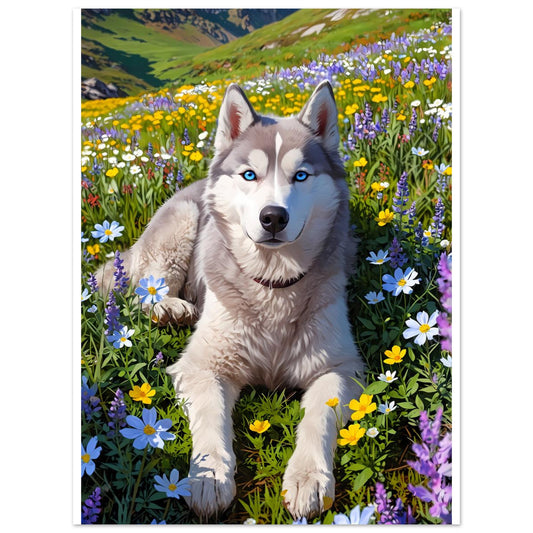 Husky sibérien, Champ de fleurs sauvages alpines, Ciel d'altitude – affiche d'art décoratif, poster mural | Muchimura