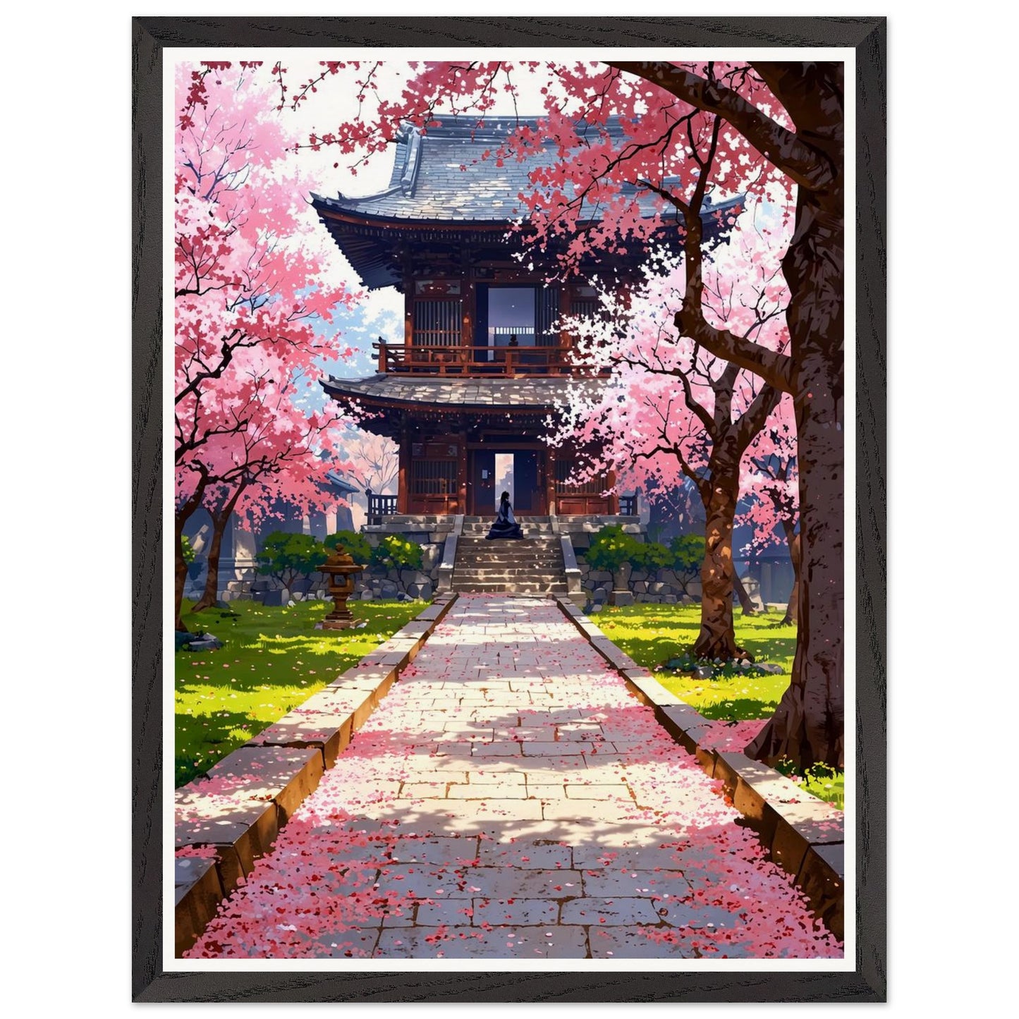 Affiche illustrée Prairie de fleurs de cerisier tombées Encadrée — poster rétro, impression beaux-arts 250g