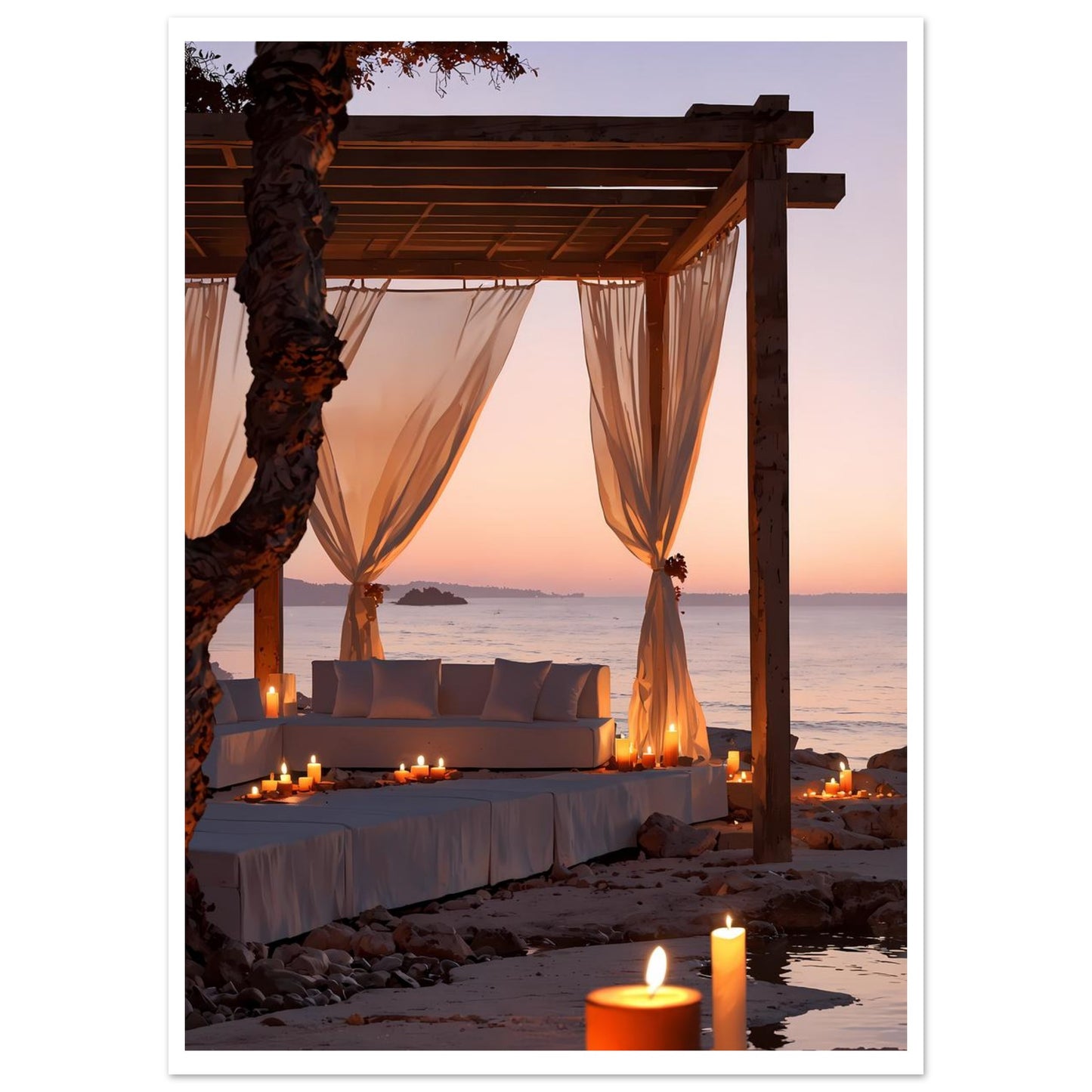 Lounge de plage, Ibiza, Coucher de soleil orange – affiche d'art décoratif, poster mural | Muchimura