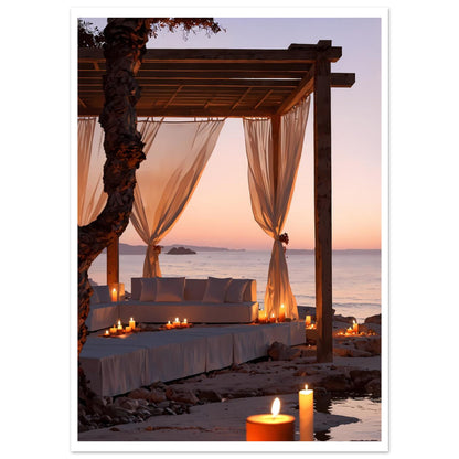 Lounge de plage, Ibiza, Coucher de soleil orange – affiche d'art décoratif, poster mural | Muchimura