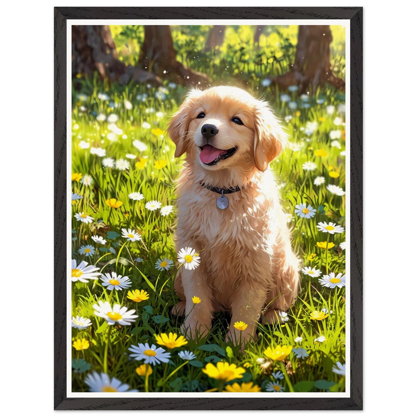 Affiche illustrée Golden retriever chiot Encadrée — poster rétro, impression beaux-arts 250g