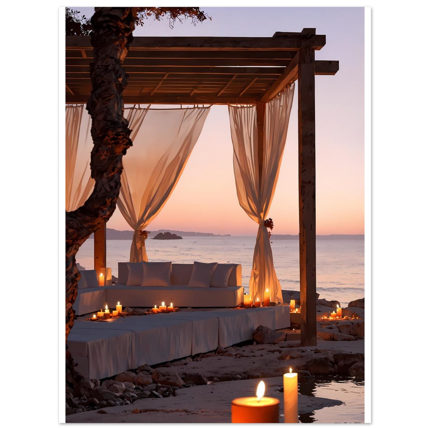 Lounge de plage, Ibiza, Coucher de soleil orange – affiche d'art décoratif, poster mural | Muchimura