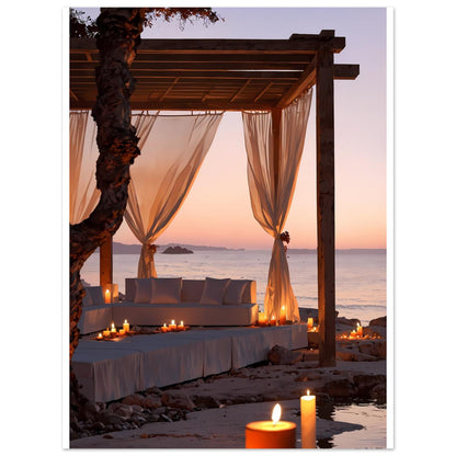 Lounge de plage, Ibiza, Coucher de soleil orange – affiche d'art décoratif, poster mural | Muchimura