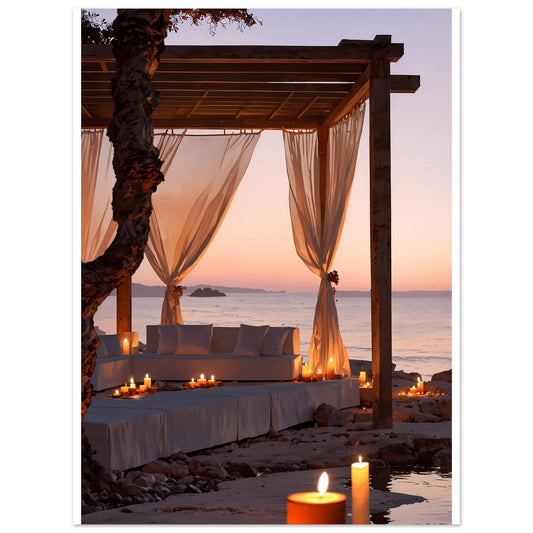 Lounge de plage, Ibiza, Coucher de soleil orange – affiche d'art décoratif, poster mural | Muchimura