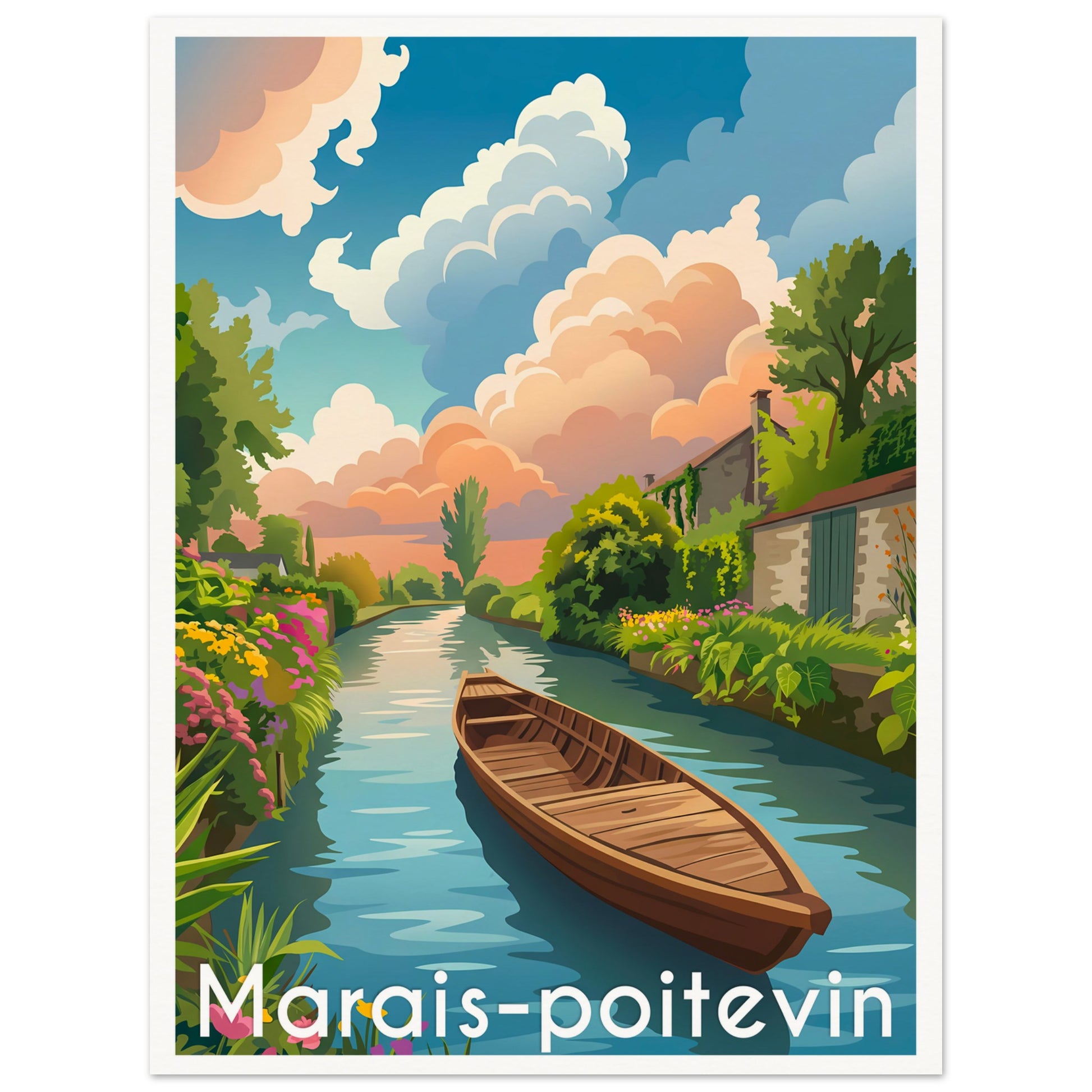 Affiche illustrée marais-poitevin — poster rétro, impression beaux-arts 250g