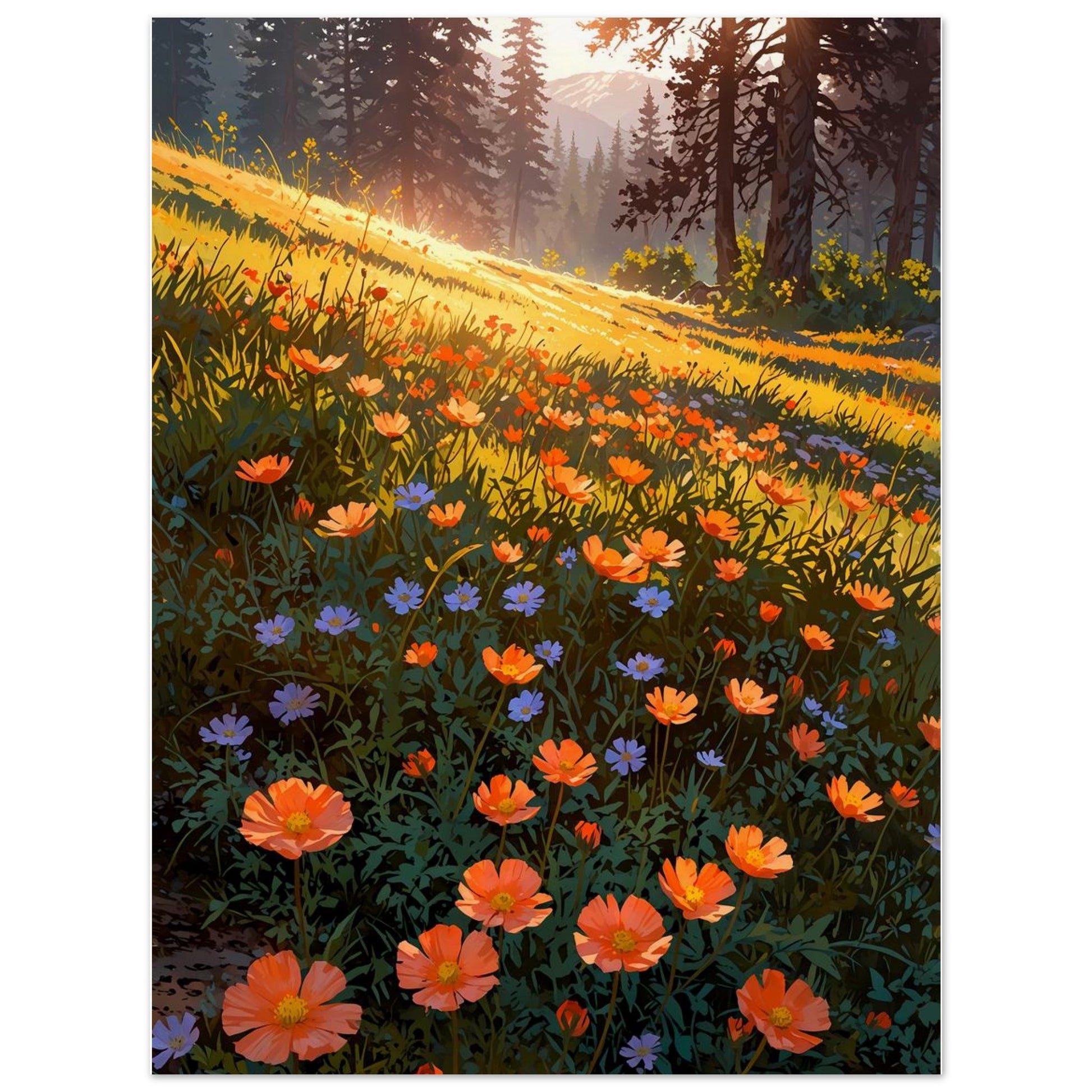 Affiche illustrée Prairie de renoncules orangées, poster rétro, impression beaux-arts 250g