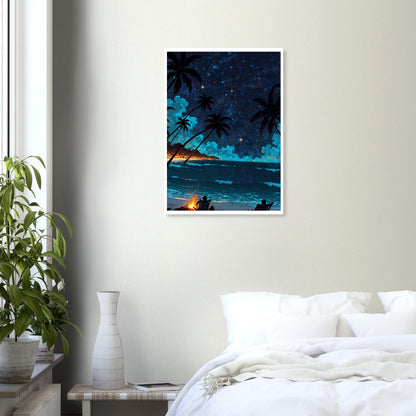 Plage de nuit, Feu de camp, Ciel tropical étoilé – affiche d'art décoratif, poster mural | Muchimura