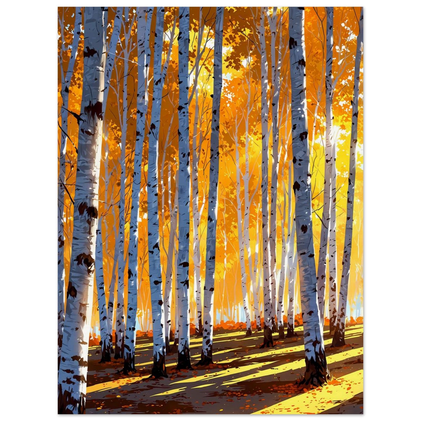Affiche illustrée Forêt de bouleaux en automne — poster rétro, impression beaux-arts 250g