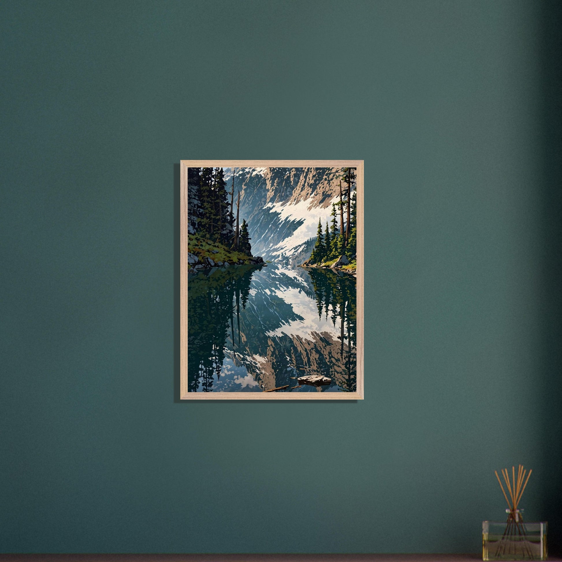 Affiche Forêt de Pins et Lac de Montagne encadrée, cadre bois (vue 6)