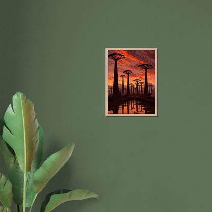 Affiche Baobabs au coucher du soleil encadrée, cadre bois (vue 7)