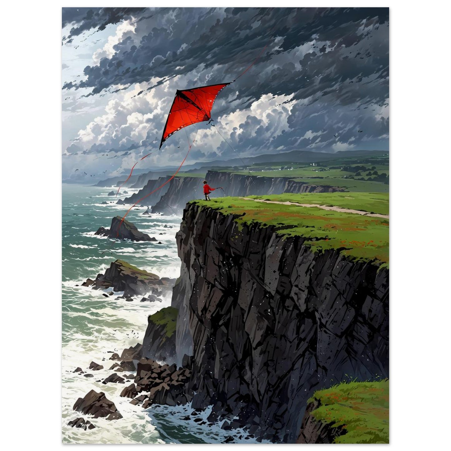 Affiche illustrée Enfant et cerf-volant — poster rétro, impression beaux-arts 250g