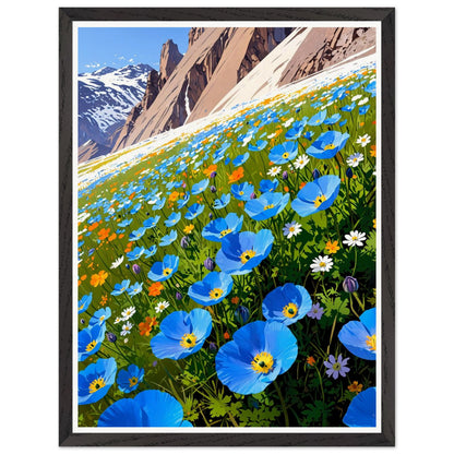 Affiche illustrée Champ de pavots bleus de l'Himalaya Encadrée — poster rétro, impression beaux-arts 250g