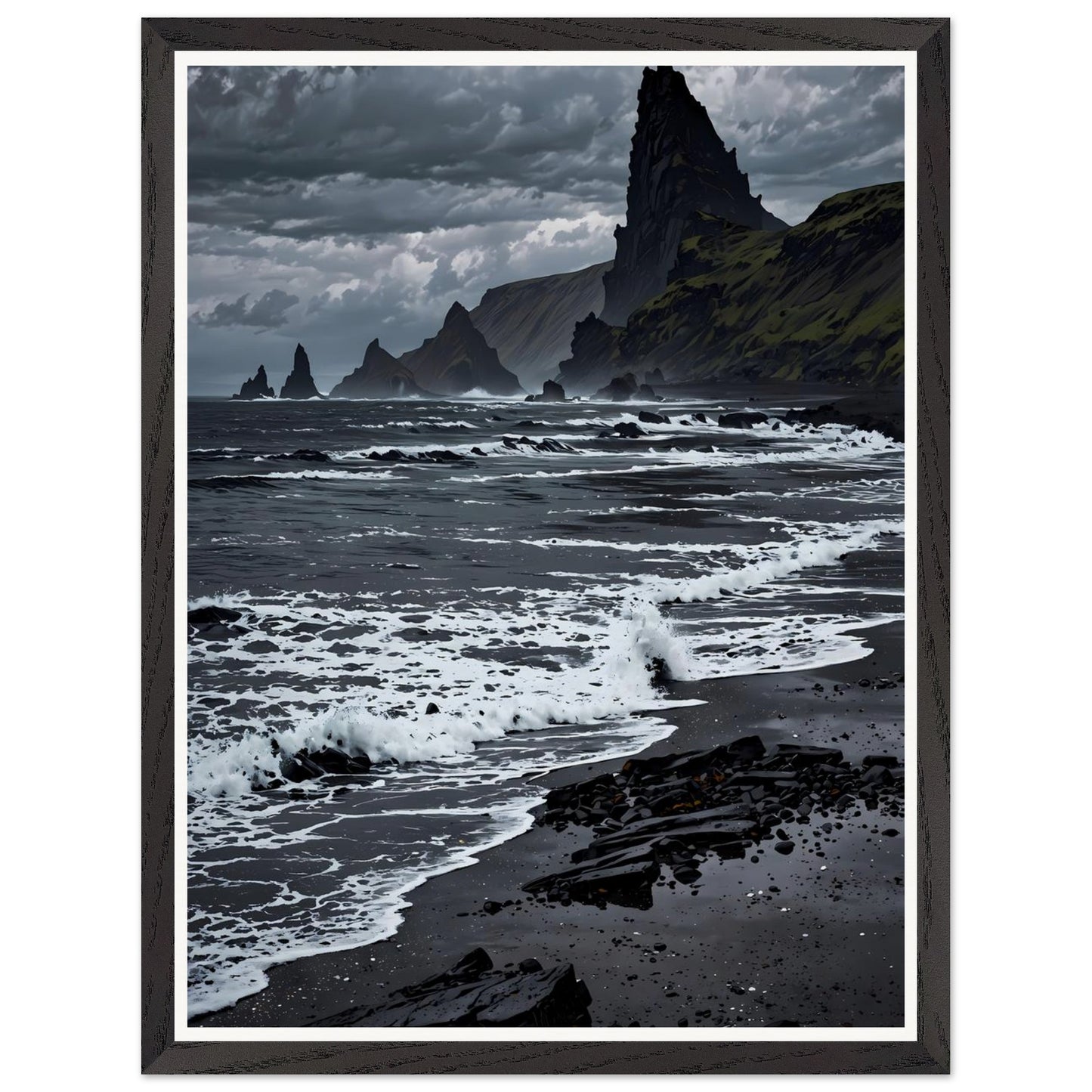 Affiche illustrée Plage de sable noir Encadrée — poster rétro, impression beaux-arts 250g