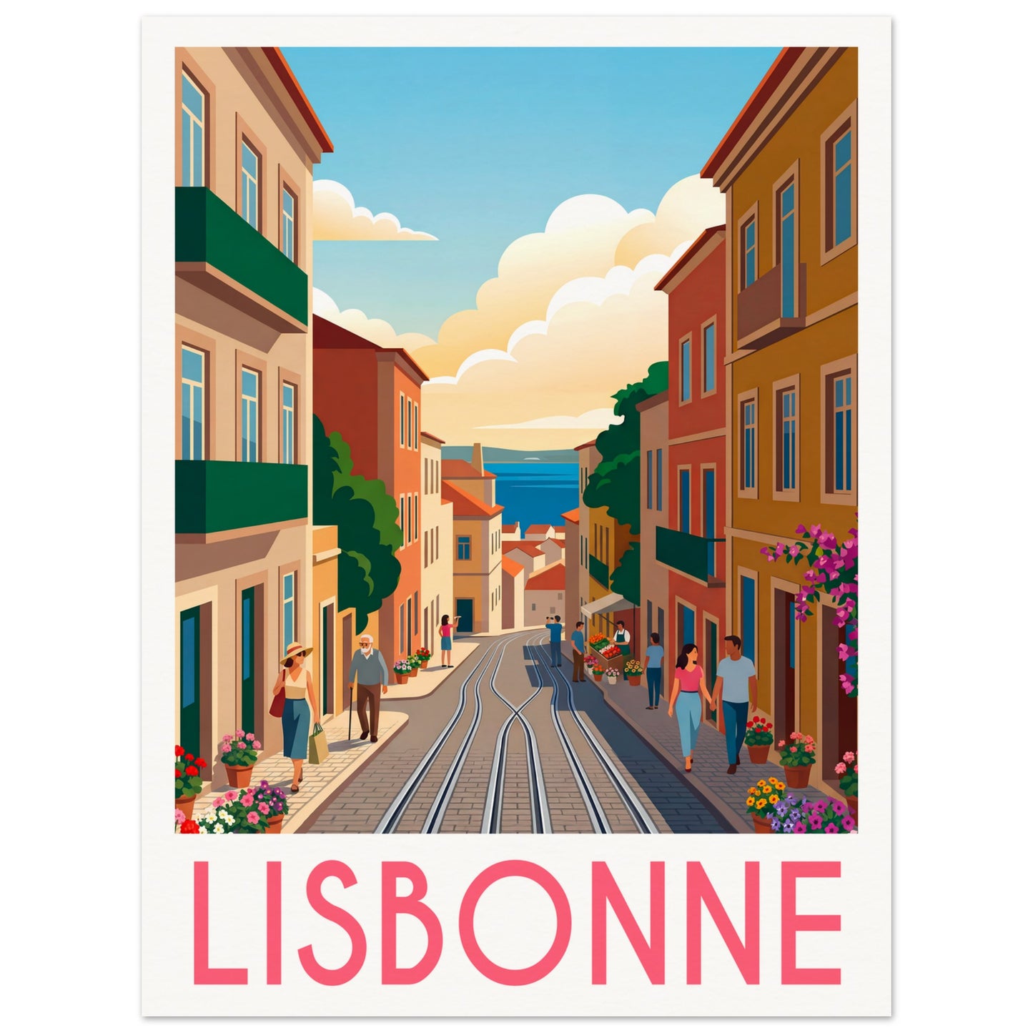 Affiche illustrée Lisbonne — poster rétro, impression beaux-arts 250g