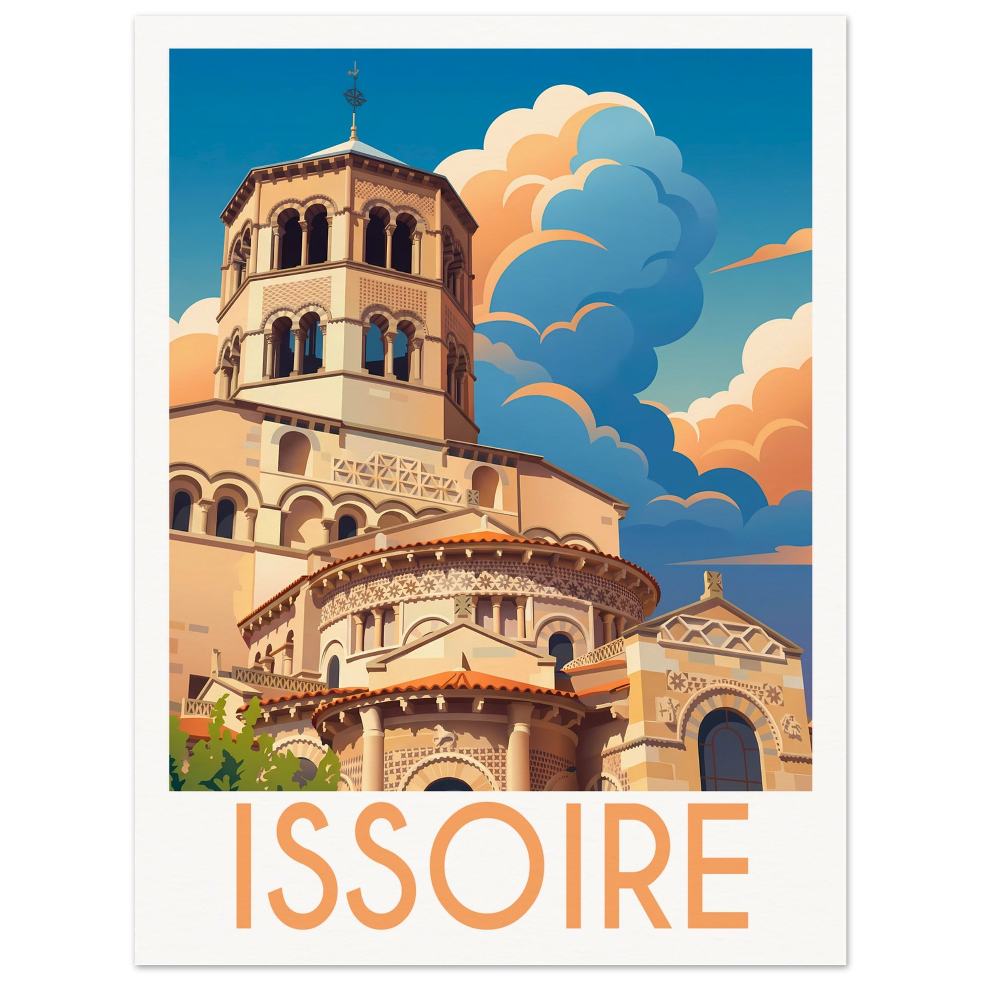 Affiche illustrée issoire, poster rétro, impression beaux-arts 250g