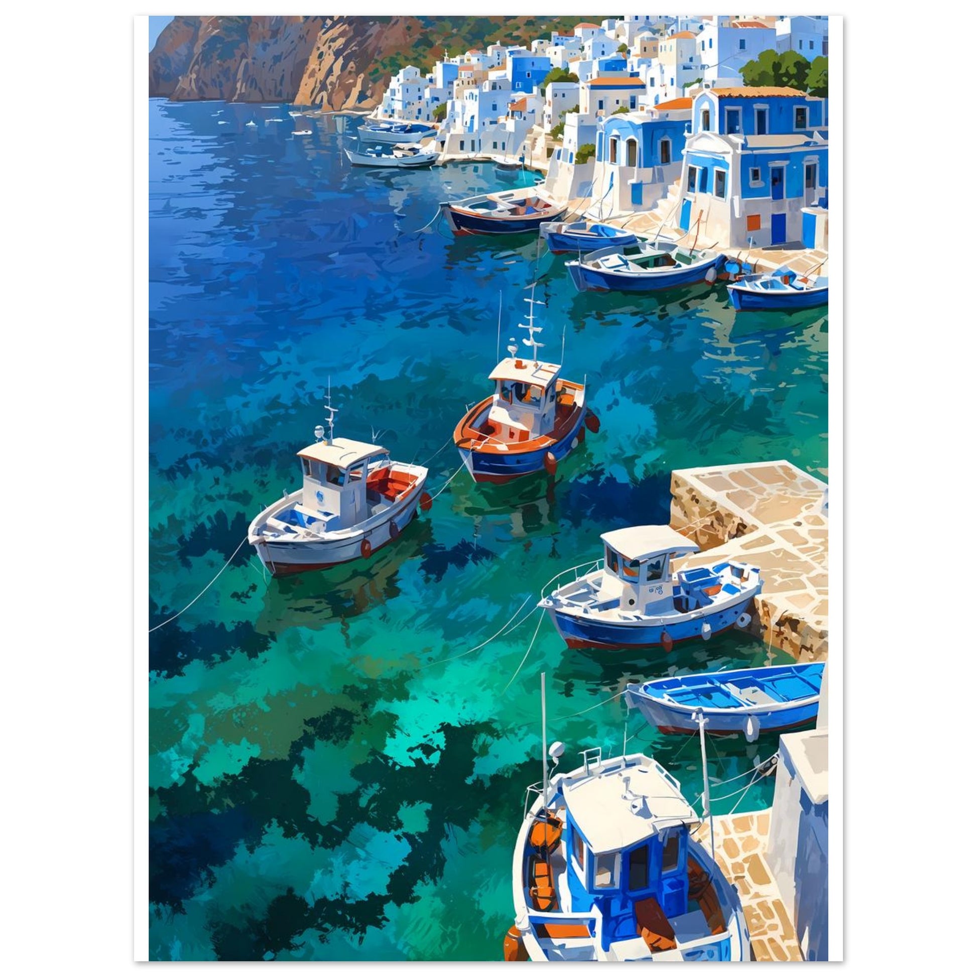 Plage de Grèce, Bateaux de pêche blancs et bleus, Chaleur de midi – affiche d'art décoratif, poster mural | Muchimura