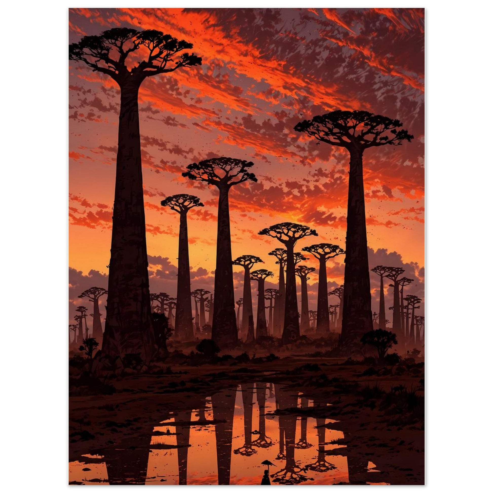 Affiche illustrée Baobabs au coucher du soleil, poster rétro, impression beaux-arts 250g