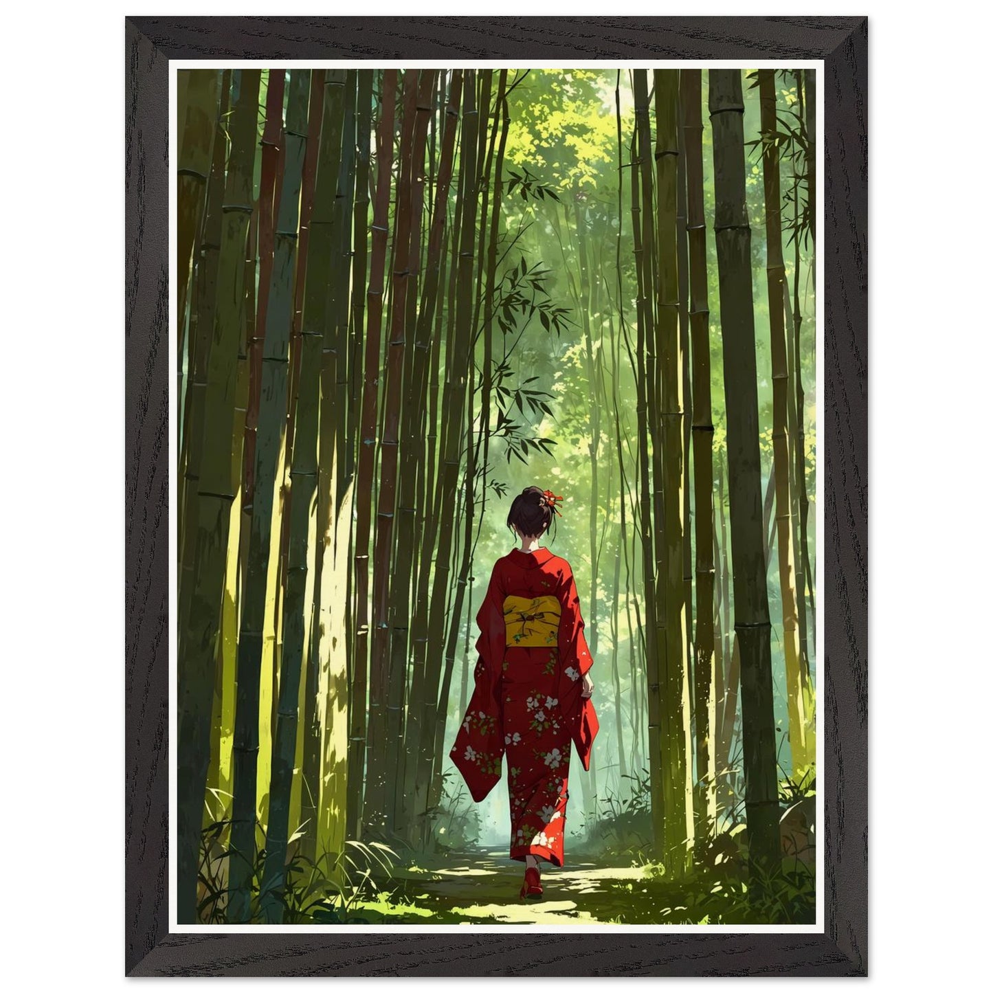 Affiche illustrée Femme en kimono Encadrée — poster rétro, impression beaux-arts 250g