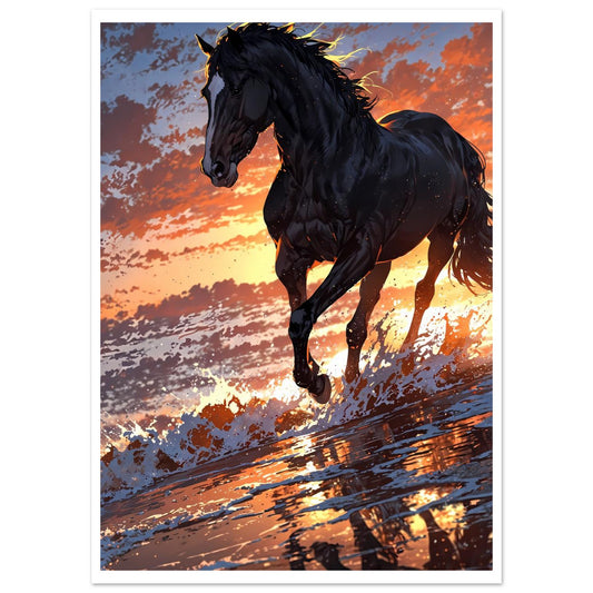 Étalon noir, Vague déferlante, Coucher de soleil atlantique – affiche d'art décoratif, poster mural | Muchimura