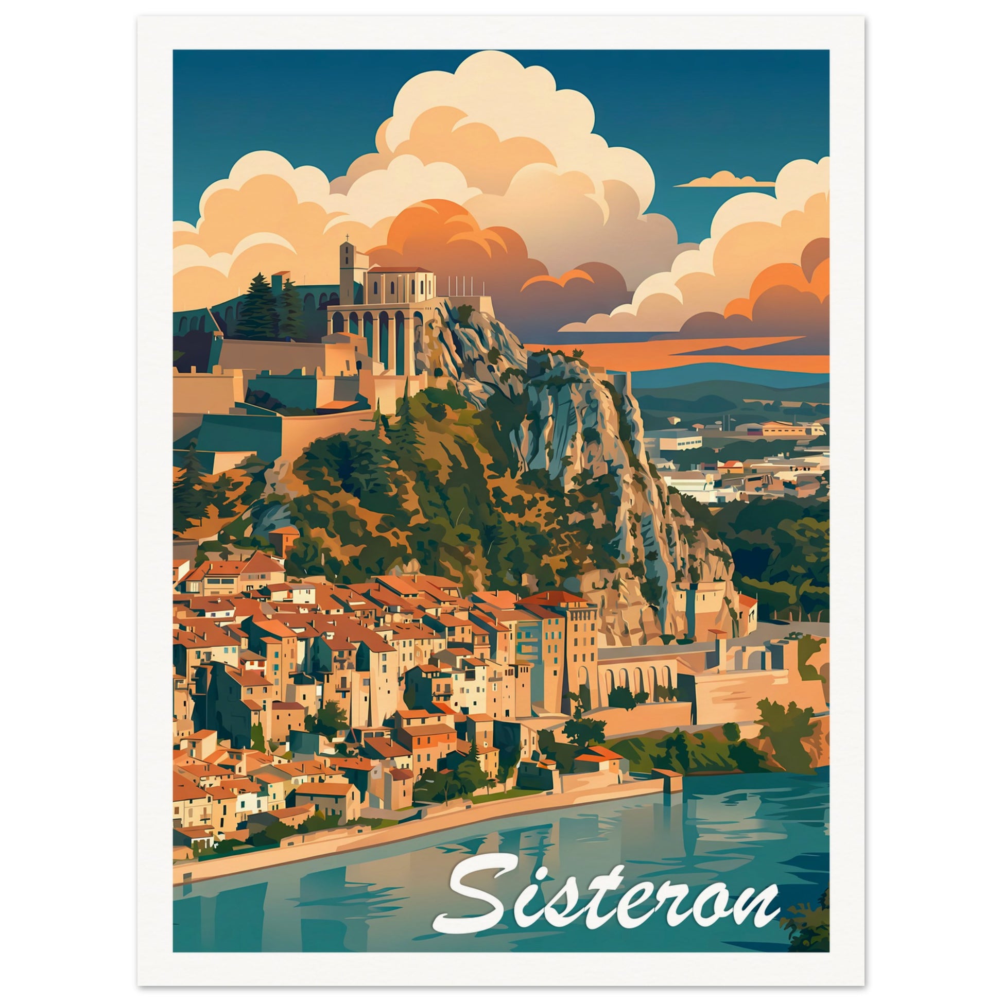 Affiche illustrée Sisteron, poster rétro, impression beaux-arts 250g