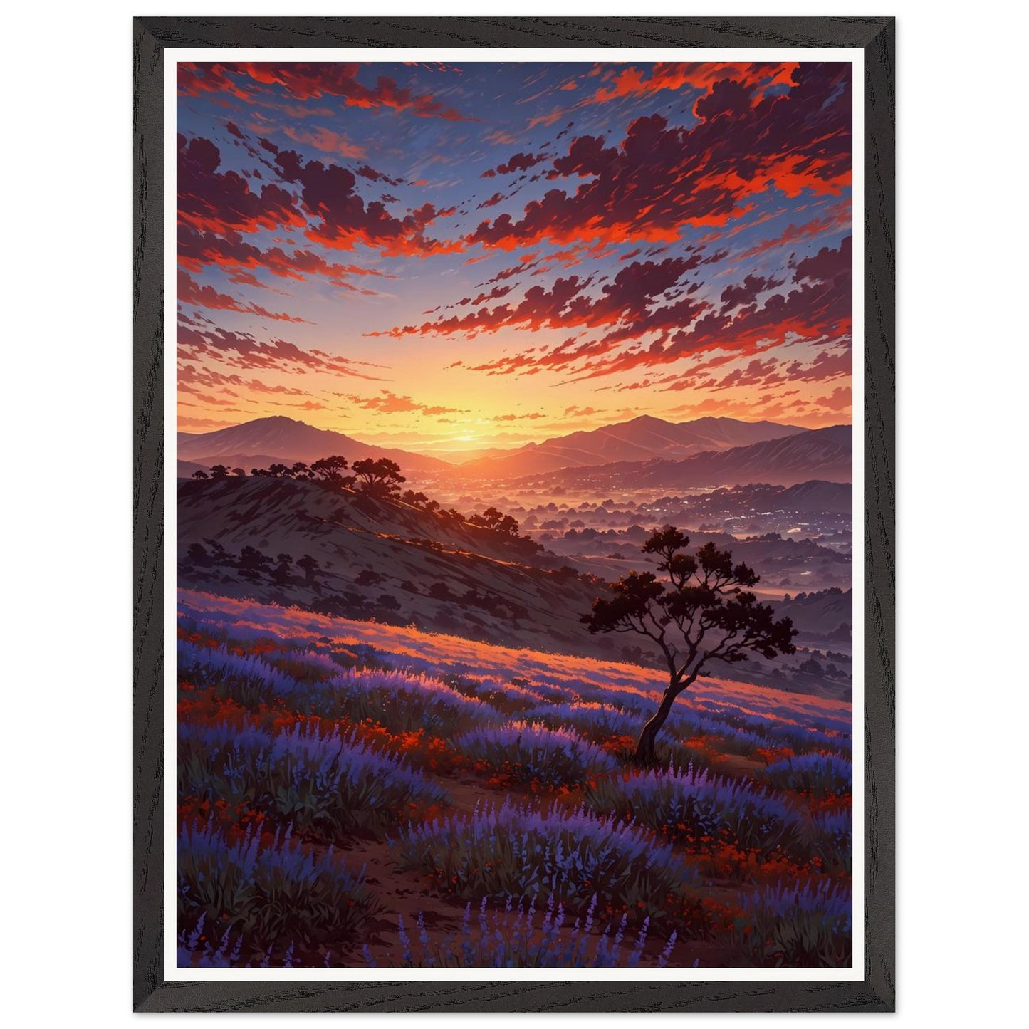 Affiche illustrée Champ de lavande Encadrée — poster rétro, impression beaux-arts 250g