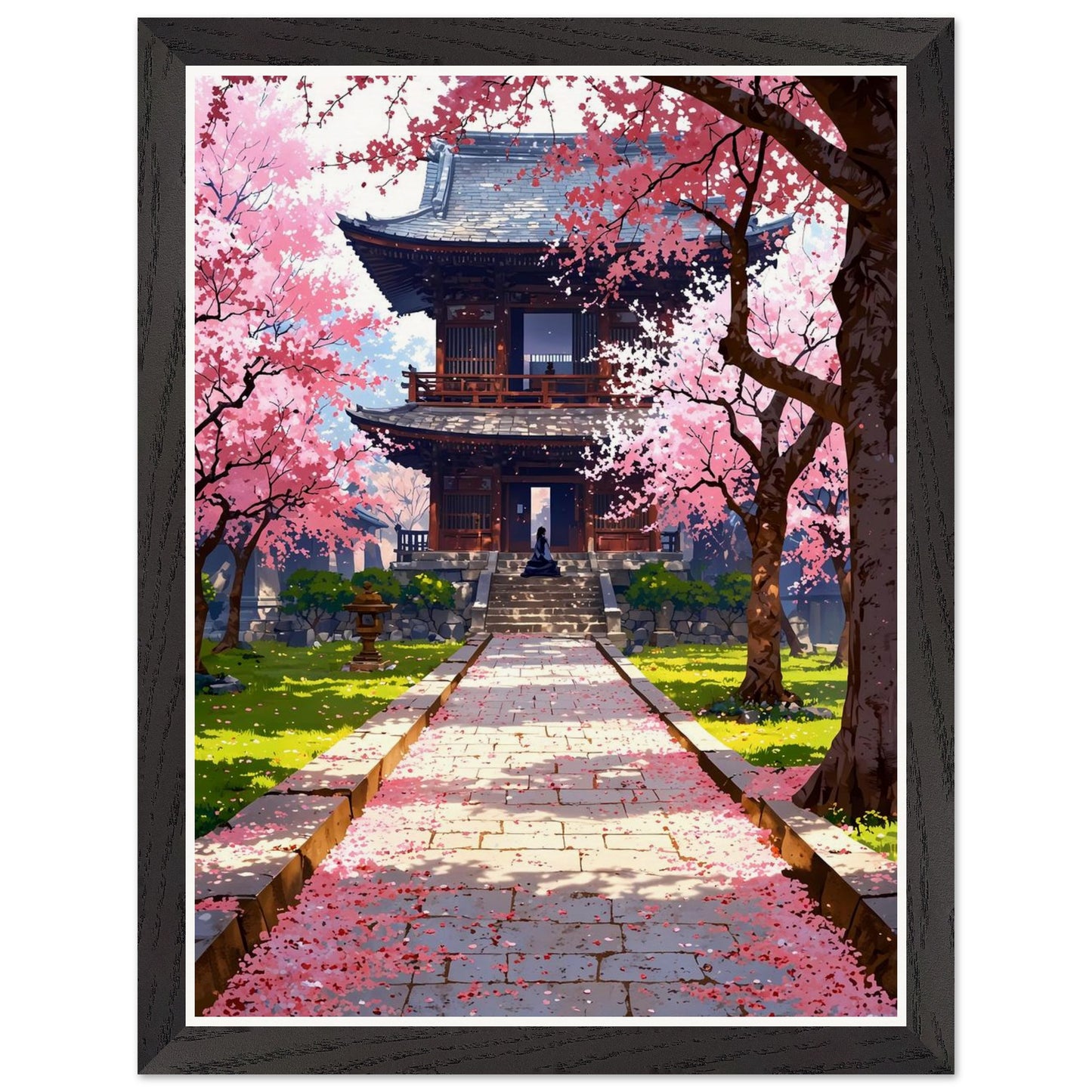 Affiche illustrée Prairie de fleurs de cerisier tombées Encadrée — poster rétro, impression beaux-arts 250g