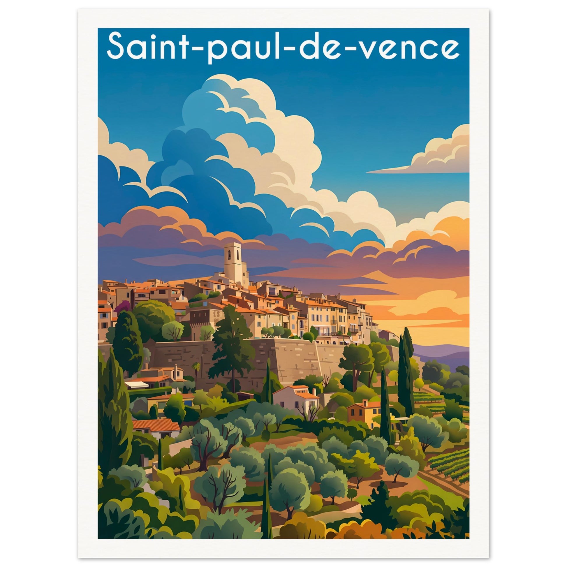 Affiche illustrée Saint-Paul-de-Vence, poster rétro, impression beaux-arts 250g