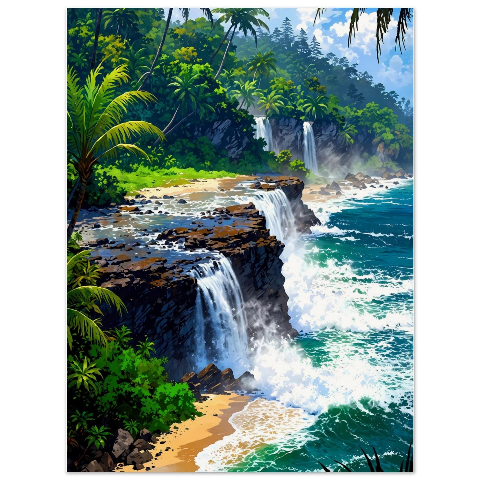 Affiche illustrée Cascade vers mer, poster rétro, impression beaux-arts 250g