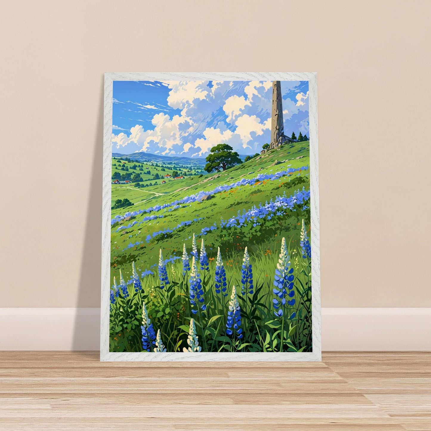 Affiche Champ de Lupin Bleu et Violet encadrée, cadre bois (vue 2)