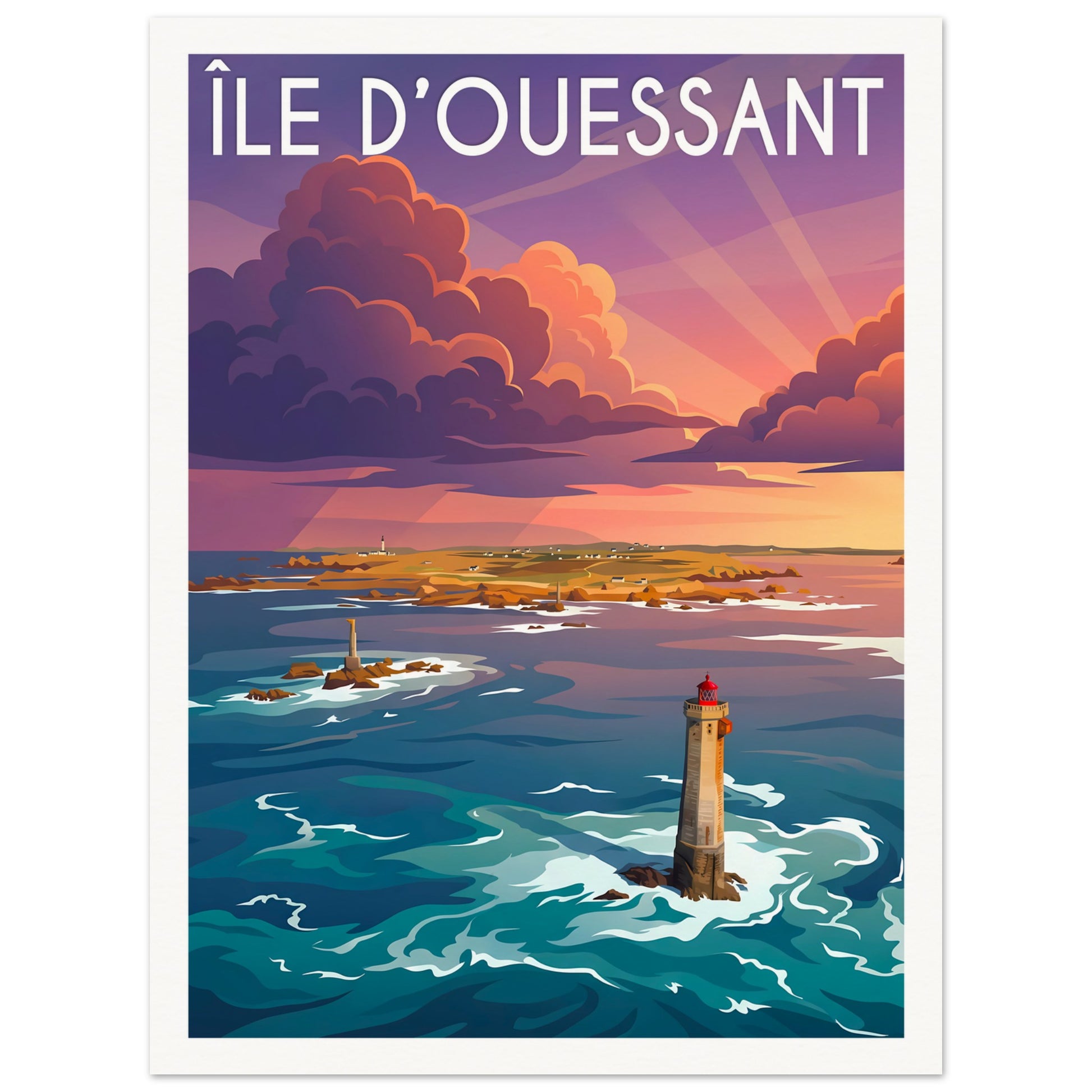Affiche illustrée Île d'Ouessant, poster rétro, impression beaux-arts 250g