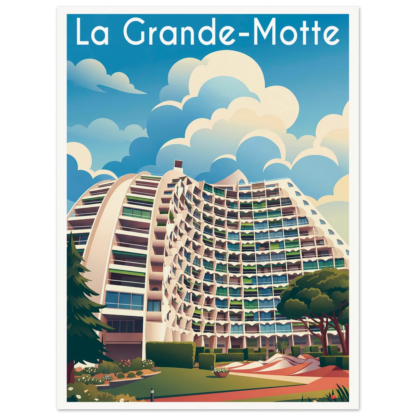 Affiche illustrée la grande motte — poster rétro, impression beaux-arts 250g