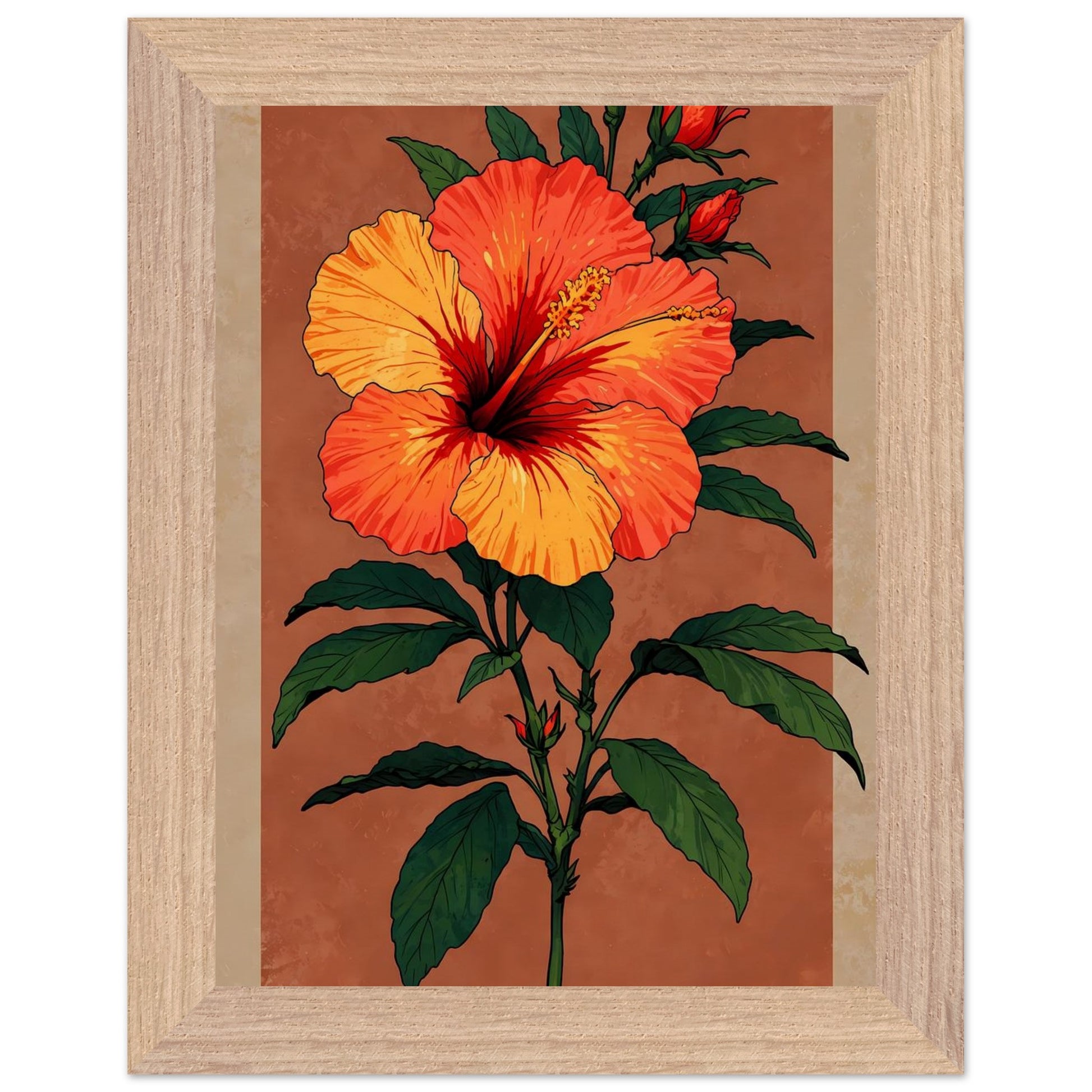 Affiche Hibiscus Rouge Tropical encadrée, cadre bois (vue 3)