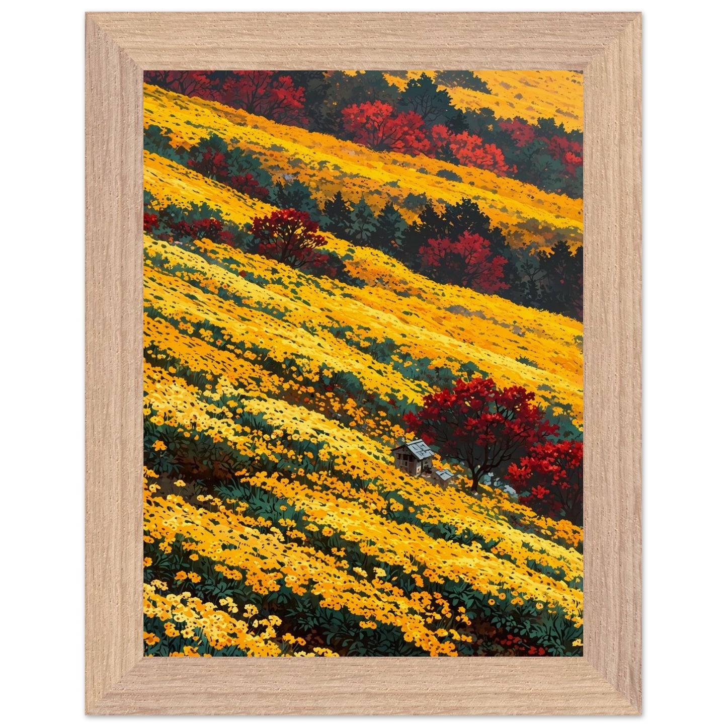 Affiche illustrée Champ de chrysanthèmes jaunes Encadrée — poster rétro, impression beaux-arts 250g