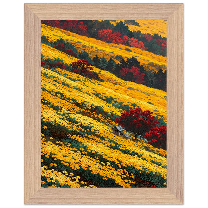 Affiche illustrée Champ de chrysanthèmes jaunes Encadrée — poster rétro, impression beaux-arts 250g
