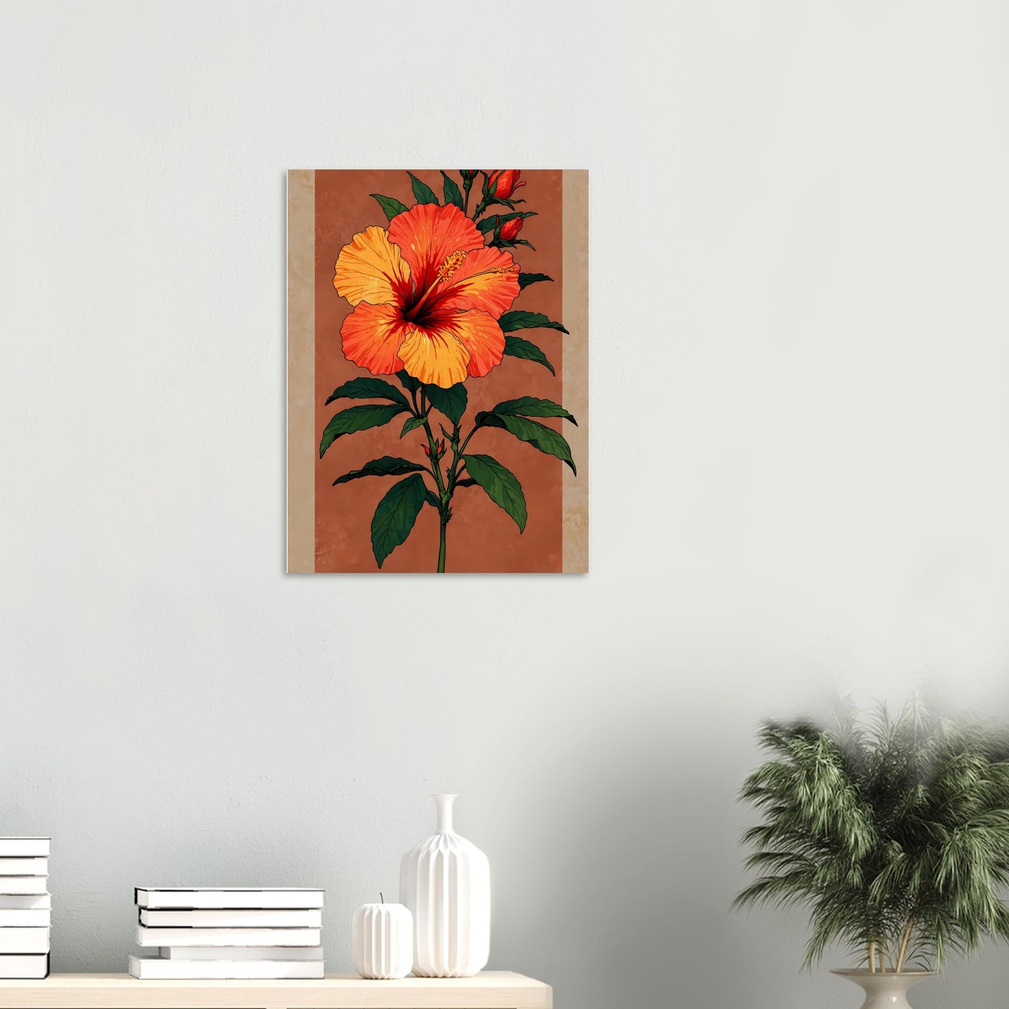 Affiche illustrée Hibiscus rouge tropical — poster rétro, impression beaux-arts 250g