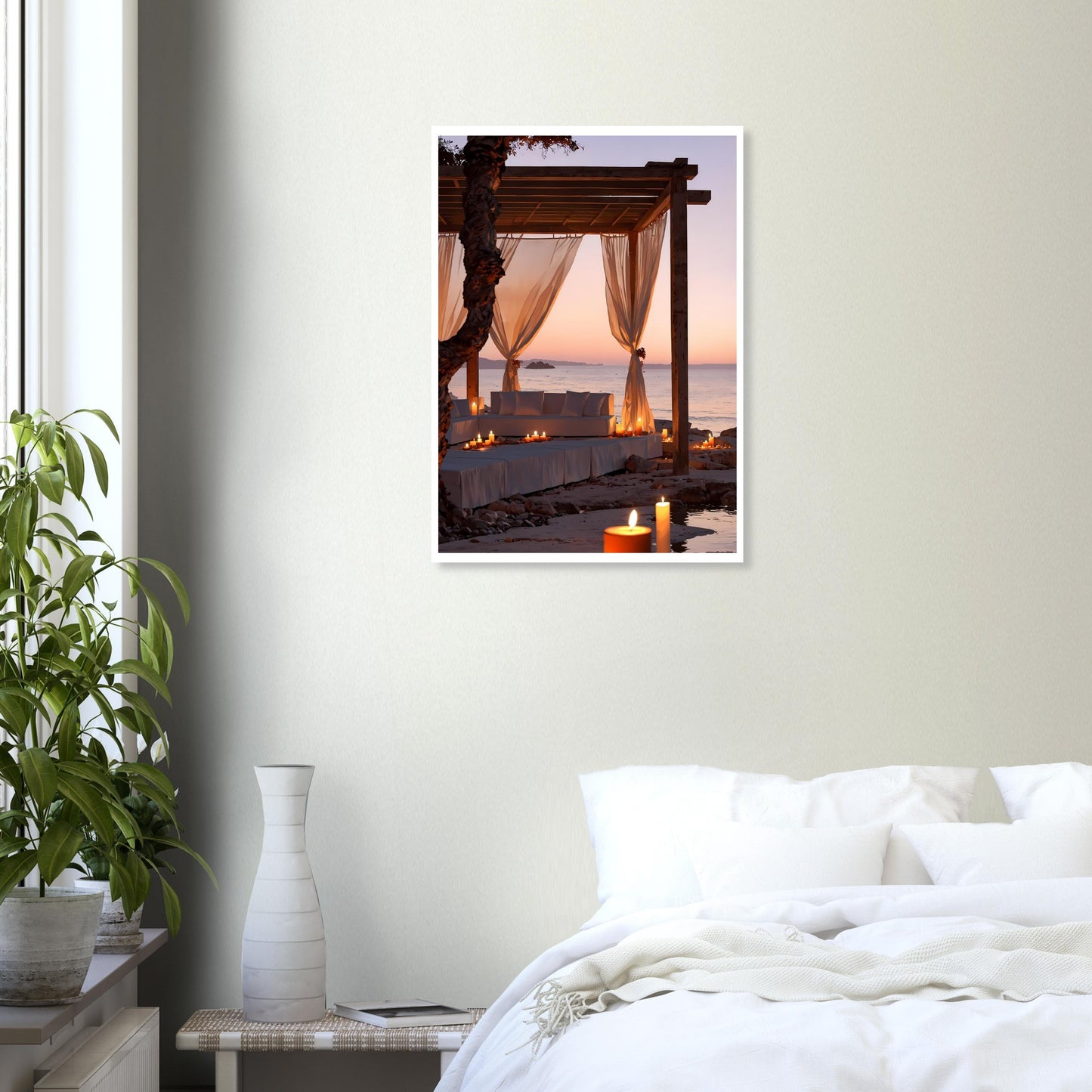 Lounge de plage, Ibiza, Coucher de soleil orange – affiche d'art décoratif, poster mural | Muchimura