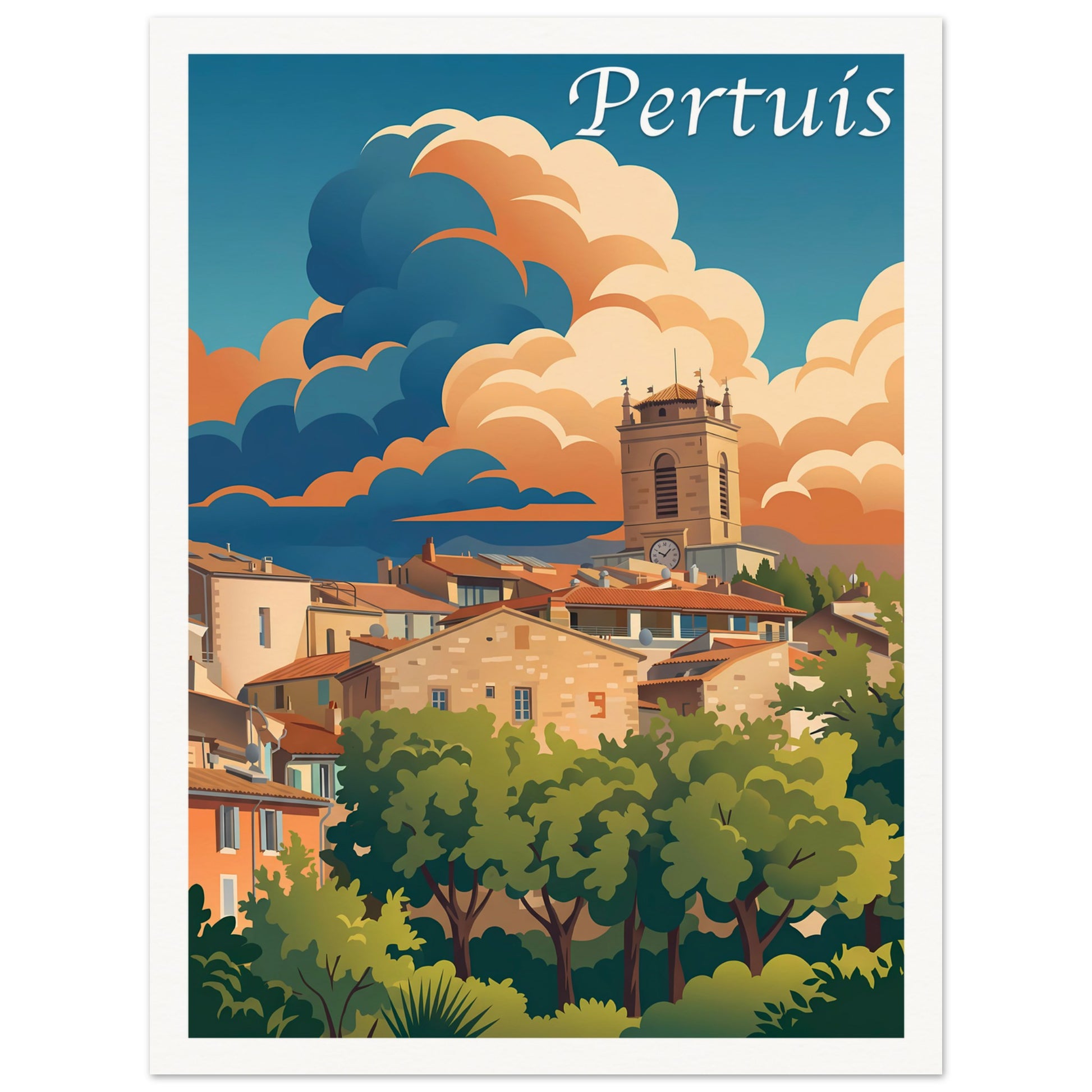 Affiche illustrée Pertuis, poster rétro, impression beaux-arts 250g