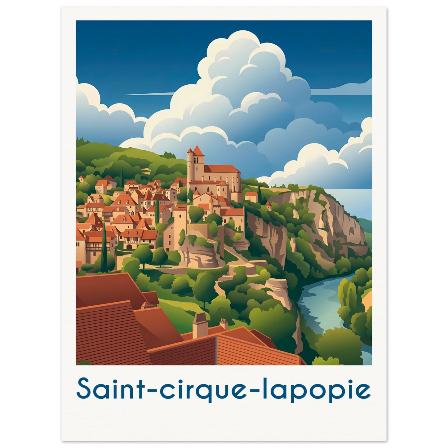 Affiche illustrée Saint-Cirque-Lapopie — poster rétro, impression beaux-arts 250g